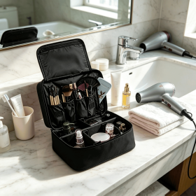 Makeup Cosmetic Bag Storage Bag Cosmetic Brush Storage Box Travel Toiletry Bag (Color: BLACK)